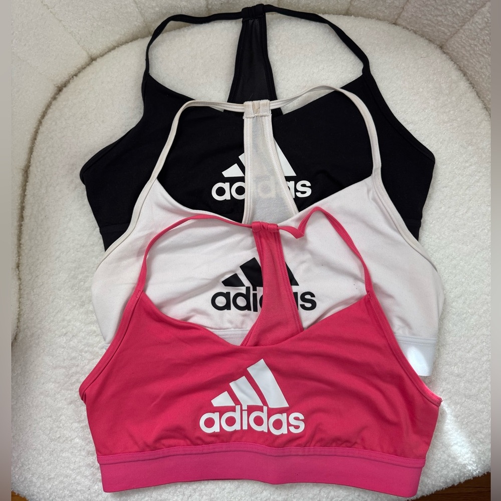 Adidas Racerback Sports Bras - Pink, White, Black Trio in Size Small - Picture 1 of 7